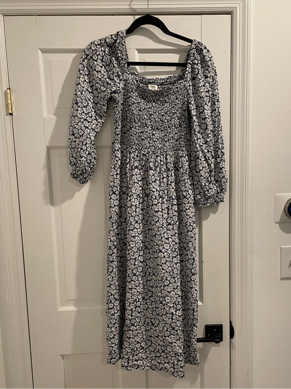 J. Crew Factory Smocked Floral Midi Dress in Navy & White